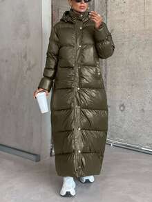 EURMUSE Women's Unique Design Drawstring Sleeve Padded Warm Puffer Long Down Coat - Army Green - View 4