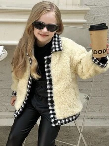 Young Girl Patchwork Houndstooth Long Sleeve Fleece Beige Jacket, Autumn/Winter - Beige - View 2