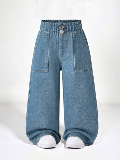 SHEIN Explorewe Girls Casual Soft & Comfortable Washed Loose Waist Flared Denim Pants, Simple & Versatile, Suitable For Spring & Autumn