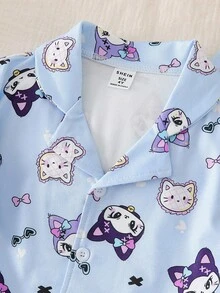 少女可爱深色小猫印花开衫和裤子休闲家居服套装，甜美可爱系列 - 藍色 - 查看 6