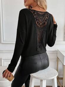 EMERY ROSE 女式休闲纯色蕾丝拼布T恤，秋季 - 黑色 - 查看 3