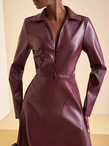 Zivah 2025秋季新品，适合生日派对，聚会，宴会，返校季，学院风，学生装，日常外出，基础百搭，休闲，邮轮旅行，潮流趋势，街头服饰，优雅，通勤，商务休闲，衬衫领，深V领长袖，A字腰，深紫红色PU，秋季中长连衣裙，女装 - 中紫紅色 - 查看 2