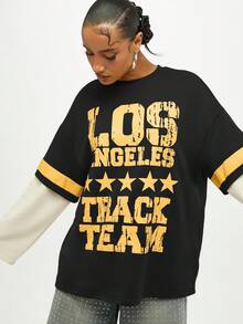 SUMWON WOMEN 大学双层洛杉矶田径队都市街头风格 T 恤 22 号星星图案复古设计秋季时尚分层外观 - 黑色 - 查看 4