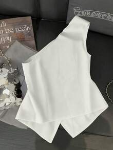 Franclia Fashionable & Elegant S-Shaped Sexy Asymmetric Neck Metal Buckle Decor Black Blouse For Women, Spring/Summer - White - View 2