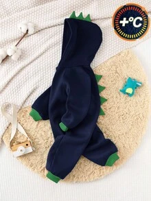 SHEIN 新生男婴可爱拼色针织恐龙连帽加厚连体衣，秋冬 - 藏蓝色 - 查看 5