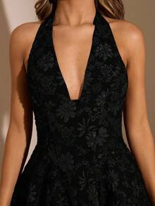 SHEIN BAE 秋冬棕色花卉纹理高领紧身连衣裙，适合约会、夜晚外出、派对、生日、优雅连衣裙、咖啡色连衣裙、生日连衣裙、节日连衣裙 - 黑色 - 查看 3