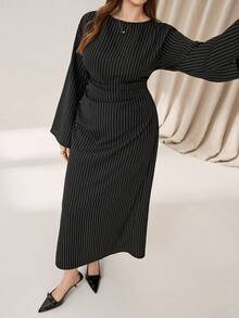 Auralis Plus-Size Women's Black Casual Dress With Flared Sleeves Fall Women's Dress, Halloween Dress, Plus-Size Women's Dress, Fall Dress, Women's High Intelligence Office Dress, Commuting Dress/Fall/Winter