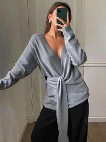 女士纯色宽松斜领系带休闲优雅开衫，秋冬 - 灰色 - 查看 1