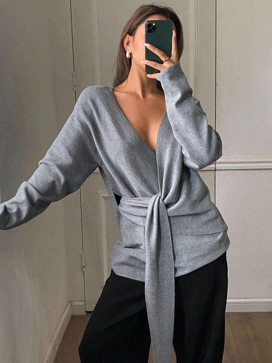 女士纯色宽松斜领系带休闲优雅开衫，秋冬 - 灰色 - 查看 1