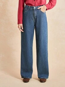 Écloséra Women's Pocketed Wide Leg Loose Casual Versatile Denim Pants Y2k - Dark Wash - View 6