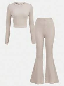 SHEIN Girlism 青少年女孩休闲纯色针织圆领长袖短款修身 T 恤和高腰喇叭裤两件套 - 杏色 - 查看 6