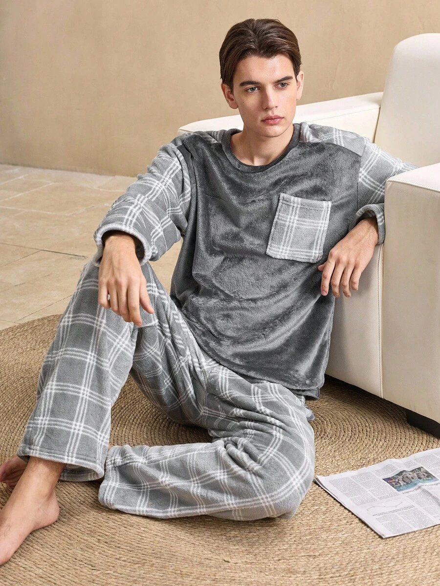 SHEIN 2pcs Men's Vintage Coin Printed Plaid Fluffy Loungewear Set,Autumn Home Clothes,White 2016 Aesthetic,Cozy Casual Fabric For Indoors Outdoors,Winter - Grey - View 1