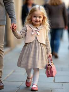 SHEIN 2 件套年轻女孩秋冬装，精致优雅风格加厚背心和格子连衣裙 - 杏色 - 查看 8