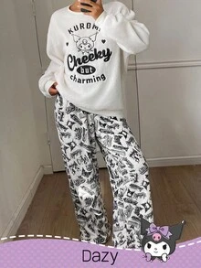 DAZY HELLO KITTY AND FRIENDS | SHEIN 女士毛绒字母和卡通刺绣上衣和宽松全印花裤睡衣套装，冬季，秋季服装 - 米色 - 查看 4