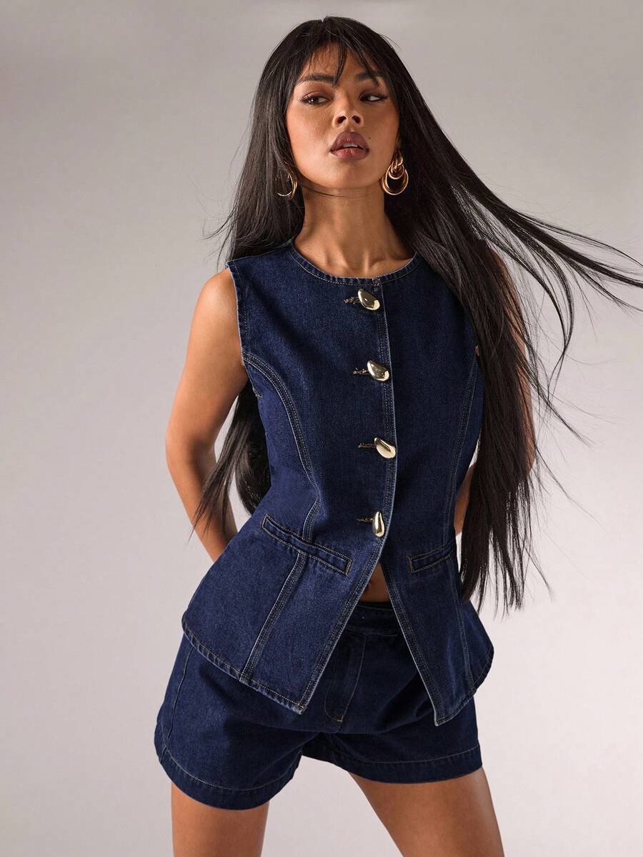 SHEIN BAE 女式休闲通勤前扣无袖牛仔衬衫，夏季 - 深色水洗藍 - 查看 1