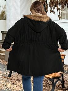 SHEIN CURVE+ Giacca invernale da donna taglie forti con colletto in pelliccia sintetica e resistente all'acqua, abbigliamento invernale taglie forti 8XL, abbigliamento da donna taglie forti 6XL, abbigliamento taglie forti con cappuccio per autunno/inverno - nero - Visualizzare 2