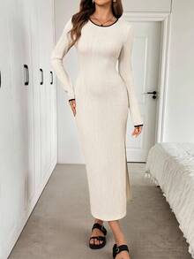 SHEIN LUNE Vestido midi de manga larga con cuello redondo, abertura alta en la cintura, ajustado, de tela texturizada de bloques de color, estilo casual, relajado y elegante para la oficina y el día a día, otoño/invierno - Albaricoque - Ver 3