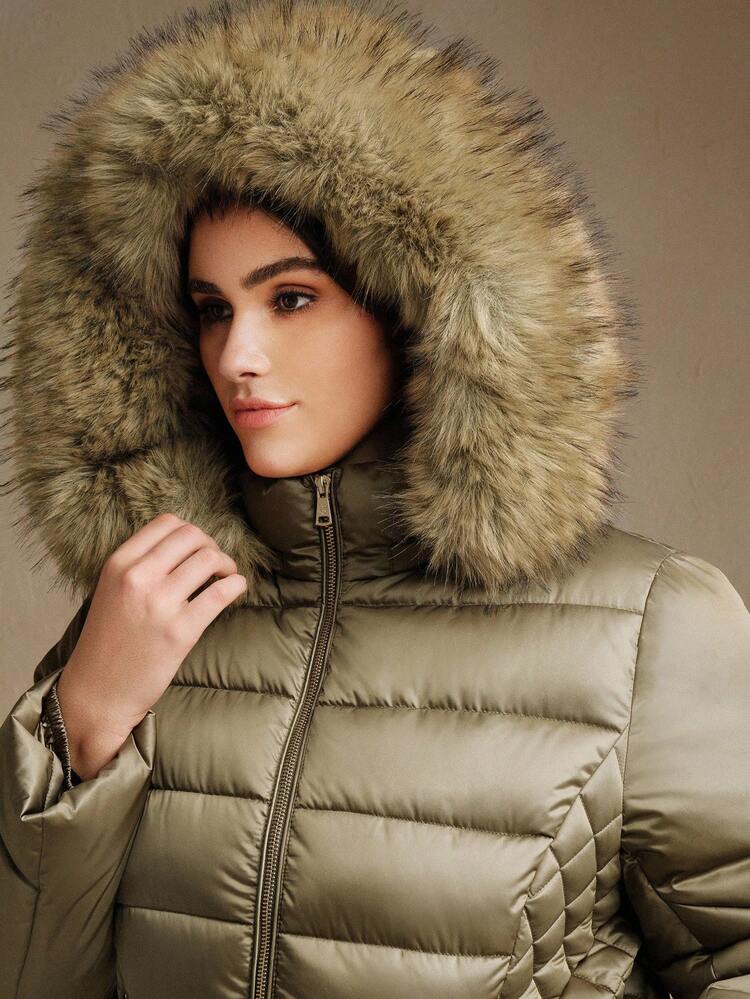 Plus Size Satin Waist Plaid Fitted Metal Zipper Hooded Luxury Faux Fur Collar Short Thick Jacket, Suitable For Autumn, Fall, Winter, Going Out, Elegant, Formal, Party, Chic, New Year, Women's Winter Coat, Christmas, Work, Graduation, Wedding