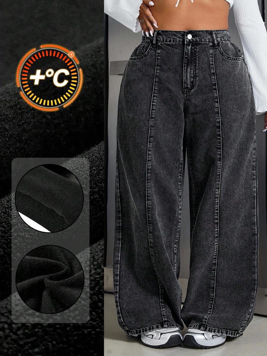 SHEIN CURVE+ 大码休闲简约牛仔裤，适合夏季，曲线加大，Hoho 度假 - 黑色 - 查看 1