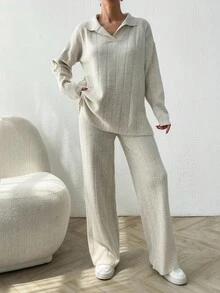 EURMUSE 2pcs/Set Solid Color Ribbed Polo Neck Loose Knit Sweater - Apricot - View 3