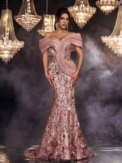 Glamrae Elegante e luxuoso vestido de noite formal com cauda de sereia, bordado com miçangas multicoloridas e bordado, de vanguarda, com recorte na cintura 3D e cauda de sereia