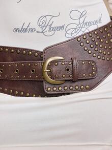 ROMWE J-Fashion 1pc Women's Brown Furry Decor Western Boho Style Rivet Embellished Wide Waist Belt, Versatile Accessory For Dresses, Jeans - Brown - View 5