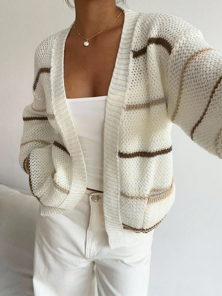 Flirla Áo khoác cardigan họa tiết sọc thường ngày dành cho nữ, Thu/Đông - Nhiều màu - Xem 1
