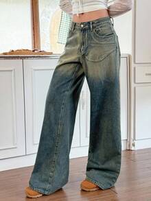 Rivivi 女式休闲阔腿直筒纽扣口袋牛仔裤 - 藍色 - 查看 4