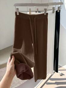 Franclia 全新女式高腰抽绳休闲直筒阔腿裤，保暖内衬厚针织长裤 - 駝色 - 查看 7