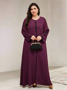 Veilorie 秋季大码女式优雅宽松长袍连衣裙，撞色饰边 - 酒紅色 - 查看 1