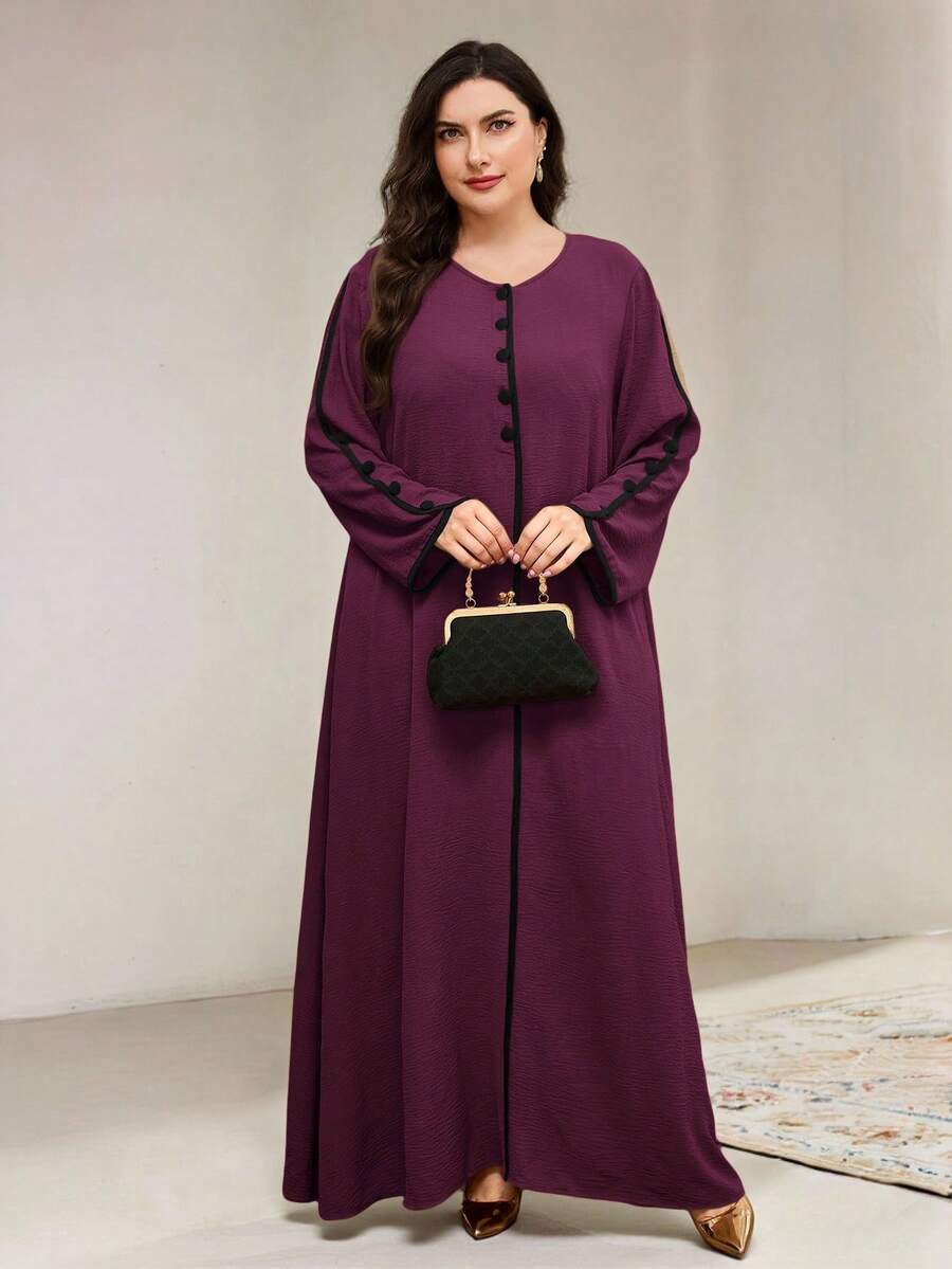 Veilorie 秋季大码女式优雅宽松长袍连衣裙，撞色饰边 - 酒紅色 - 查看 1