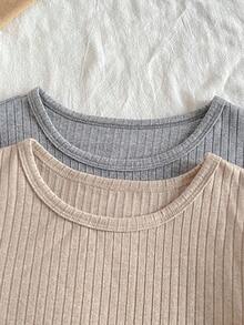 SHEIN 2pcs/Set Girls Ribbed Knit Crew Neck Long Sleeve Top And Leggings Underwear Set, Autumn/Winter - Multicolor - View 3