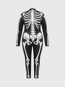 ROMWE Avant Gothic Skeleton Jumpsuit With Long Sleeve And Pants, Plus Size, For Halloween Party - Black - View 1