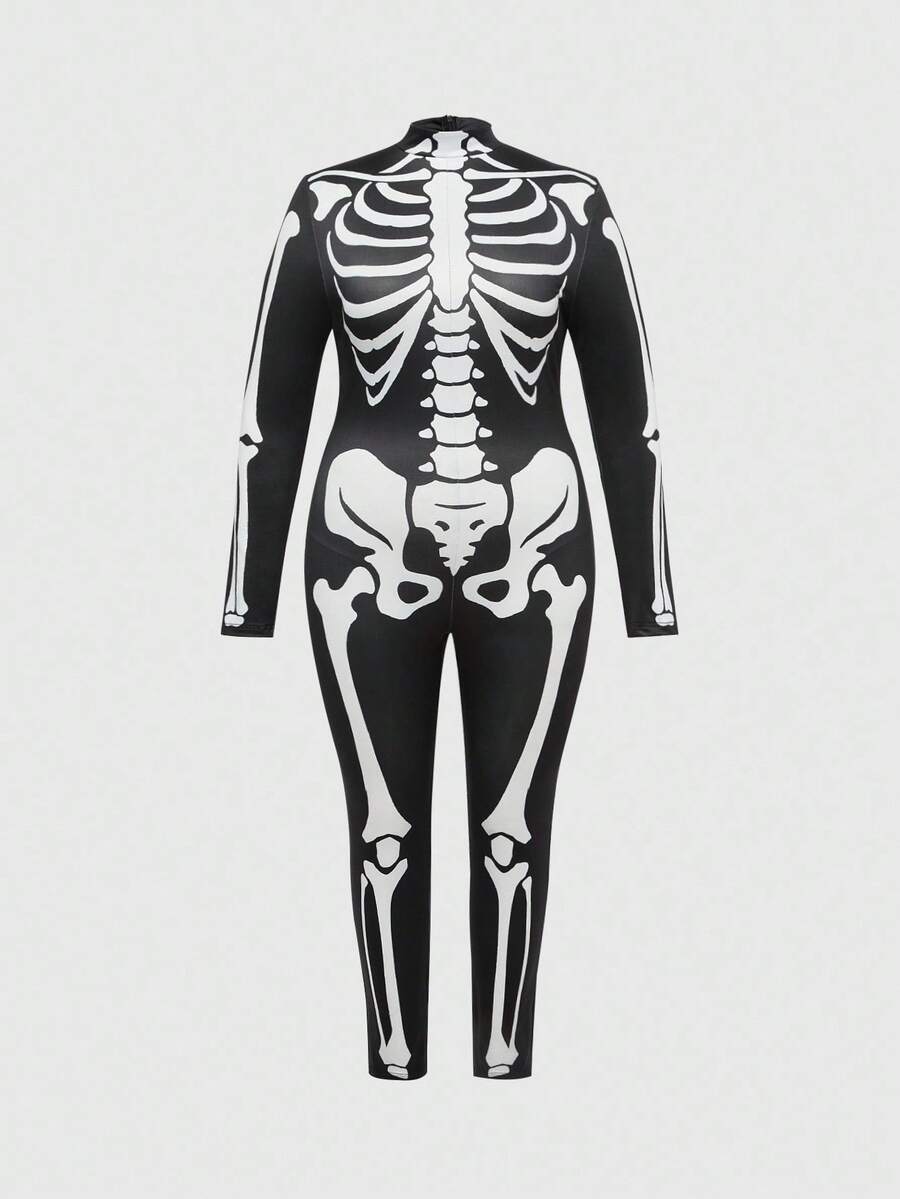 ROMWE Avant Gothic Skeleton Jumpsuit With Long Sleeve And Pants, Plus Size, For Halloween Party - Black - View 1