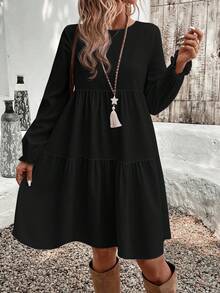 EMERY ROSE Casual Minimalist Versatile Solid Black Loose Fit Round Neck Plus Size Dress, Suitable For , Everyday Wear,Spring/Summer/Vacation - Black - View 3