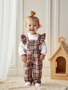 Souflis Souflis 2025秋冬法式复古休闲白色拉绒长袖T恤搭配可爱格纹吊带连体裤，适合女宝宝外出聚会等多种场合 - 白色 - 查看 5