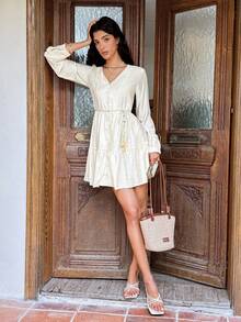 SHEIN Frenchy Women's Casual Solid Color Button Front Mini Dress Winter - Apricot - View 5