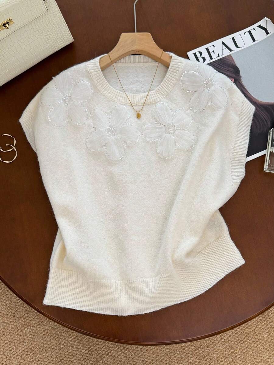 SHEIN Frenchy Áo len 3D họa tiết hoa lưới đính sequin dành cho nữ - Màu be - Xem 1