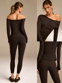 GLOWMODE FeatherFit™ PulseFit 柔软弹力吸汗修身长袖上衣和紧身裤套装低冲击瑜伽普拉提工作室日常运动服 - 巧克力棕 - 查看 9