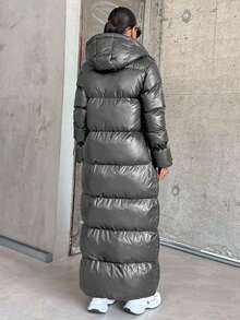 SHEIN Cottnline Women's Unique Design Drawstring Sleeve Padded Warm Puffer Long Down Coat - Grey - View 2