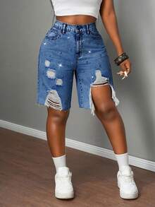 Slaydiva Quần short denim nữ cạp thấp, rộng rãi, rách 5 điểm, họa tiết kim cương Bermuda / Quần short denim xanh nhạt / Quần áo nữ mùa thu / Trở lại trường / Quần áo đồng quê nữ / Quần áo hòa nhạc đồng quê / Quần áo nữ cổ điển / Quần áo đi chơi / Quần áo sân bay nữ / Trang phục đường phố nữ / Quần áo nữ phong cách Y2K - Rửa trung bình - Xem 4