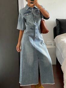 DAZY 女式短袖修身马球领收腰过膝休闲牛仔连衣裙