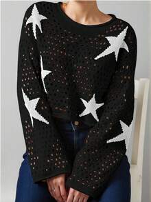 Sparklyn 少女北欧风米色星形镂空针织毛衣 - 宽松喇叭袖短款上衣，轻盈透气套头衫，适合春秋季穿着，可与母女搭配，适合上学和约会等休闲场合。 - 黑色 - 查看 1