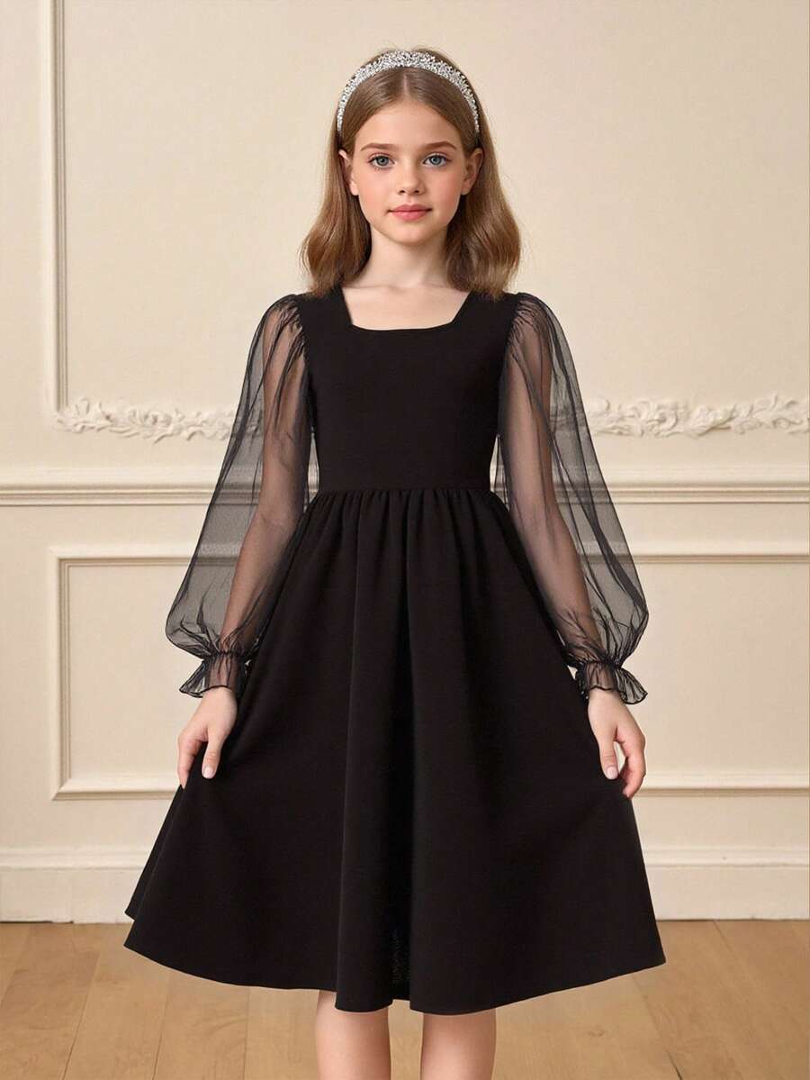Tween-Mädchen Elegantes schwarzes Kleid mit Laternenärmeln, langen Ärmeln, superweicher Tülltaille und enger Passform, Herbst/Winter