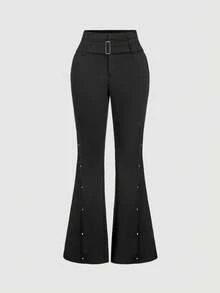 SHEIN MOD 女士纯色喇叭裤，适合通勤、哥特风、派对、Y2K风、复古风、现代风、朋克风、性感风、时尚风、夏季风、春季风、新年装扮、度假风 - 黑色 - 查看 6
