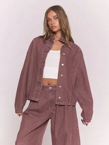 MUSERA 高领水洗超大牛仔外套 Y2K酷女孩街头风日常休闲秋冬可爱舒适春夏 - 中紫紅色 - 查看 1