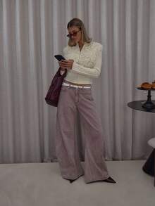 MUSERA 高领拉链厚罗纹针织毛衣，正面饰有毛茸茸的流苏，街头风，优雅休闲，性感迷人，适合外出、晚宴、派对等场合。 - 奶油色 - 查看 3