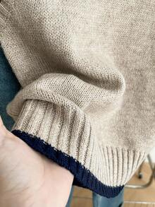 SHEIN Tall 休闲宽松圆领无袖针织撞色滚边卡其色秋冬针织背心，秋冬外出上衣 - 杏色 - 查看 5