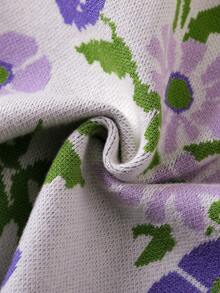 Sparklyn Tween 女童紫色花朵针织开衫和裤子套装优雅百搭时尚秋冬复古花卉提花长袖毛衣两件套 - 彩色 - 查看 6