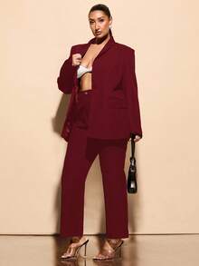 SHEIN BAE Women's Plus Size Elegant Black Slim Fit Long Sleeve Suit Jacket, Perfect For Going Out/Winter - Maroon - View 3